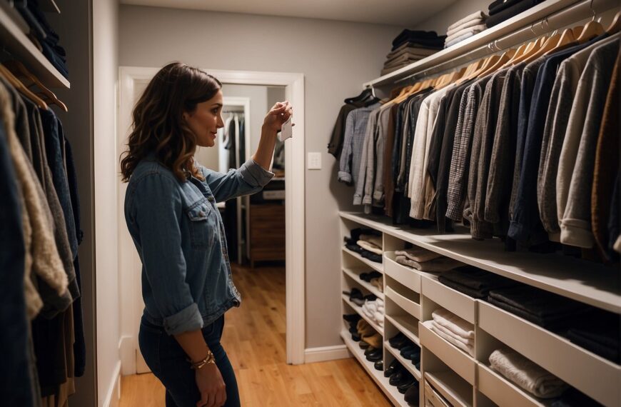 What to Wear to a Graduation: A person standing in front of a closet, holding up different clothing options while looking in a mirror. Clothes are neatly organized on hangers and shelves