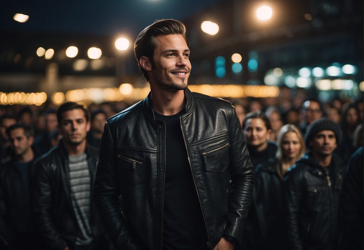 What to Wear to a Rock Concert: Crowd in dark clothing, band t-shirts, and jeans. Leather jackets, boots, and accessories. Bright lights, energetic atmosphere