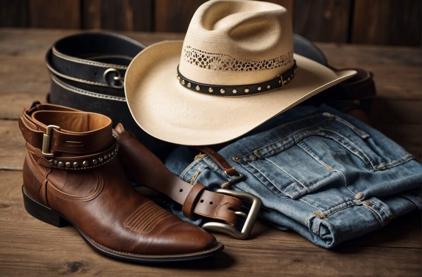 What to Wear to a Rodeo: Cowboy hat, plaid shirt, denim jeans, leather boots, and a belt with a large buckle. Optional accessories include a bolo tie and a leather vest