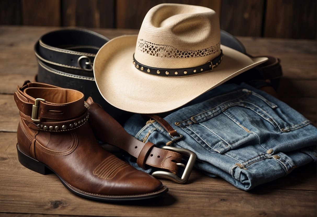 What to Wear to a Rodeo: Cowboy hat, plaid shirt, denim jeans, leather boots, and a belt with a large buckle. Optional accessories include a bolo tie and a leather vest
