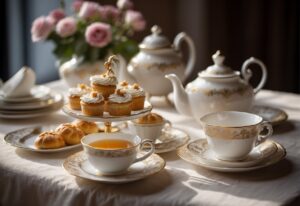 What to Wear to a Tea Party: A table set with delicate teacups, saucers, and a tiered stand of pastries. A floral tablecloth and elegant teapot complete the scene
