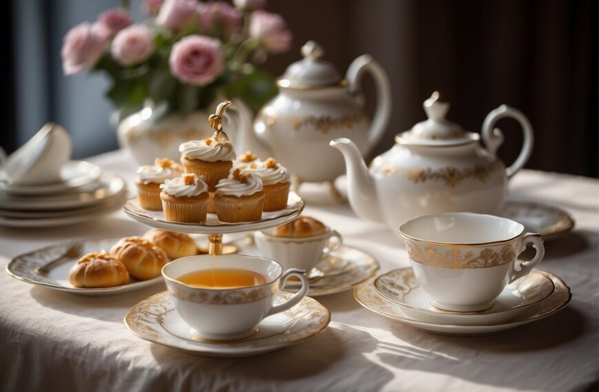 What to Wear to a Tea Party: A table set with delicate teacups, saucers, and a tiered stand of pastries. A floral tablecloth and elegant teapot complete the scene