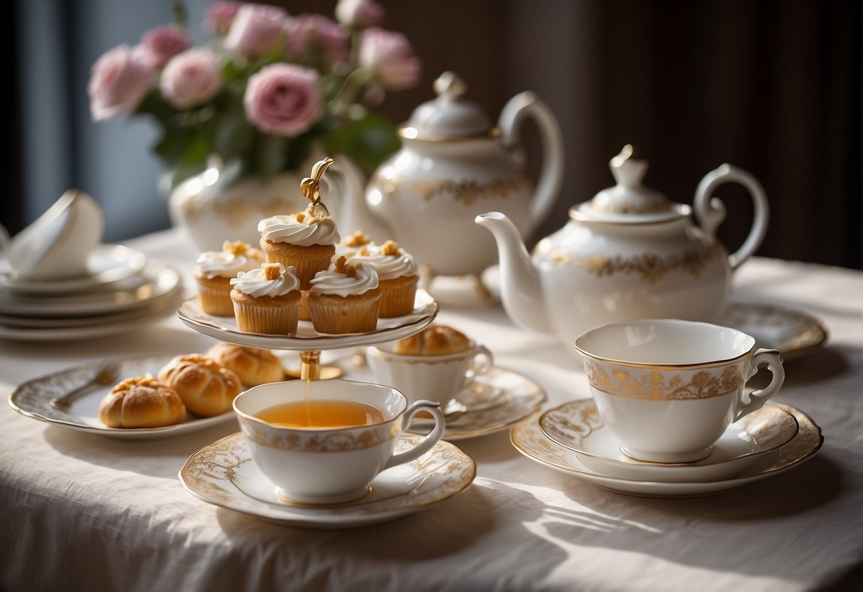 What to Wear to a Tea Party: A table set with delicate teacups, saucers, and a tiered stand of pastries. A floral tablecloth and elegant teapot complete the scene