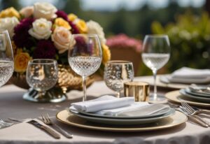 What to Wear to a Wedding Shower: A table set with elegant place settings, floral centerpieces, and a display of stylish outfits for a wedding shower