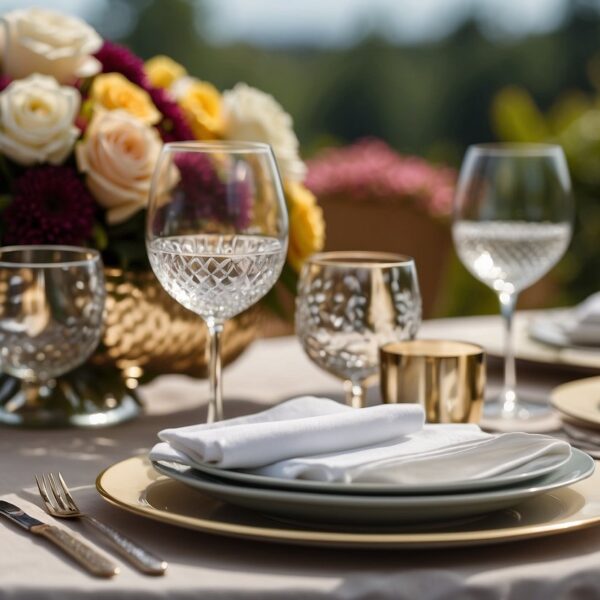 What to Wear to a Wedding Shower: A table set with elegant place settings, floral centerpieces, and a display of stylish outfits for a wedding shower