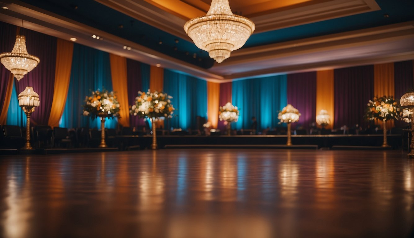 A ballroom decorated with vibrant colors and cultural symbols, with a mix of traditional and modern music playing in the background What Year is Prom