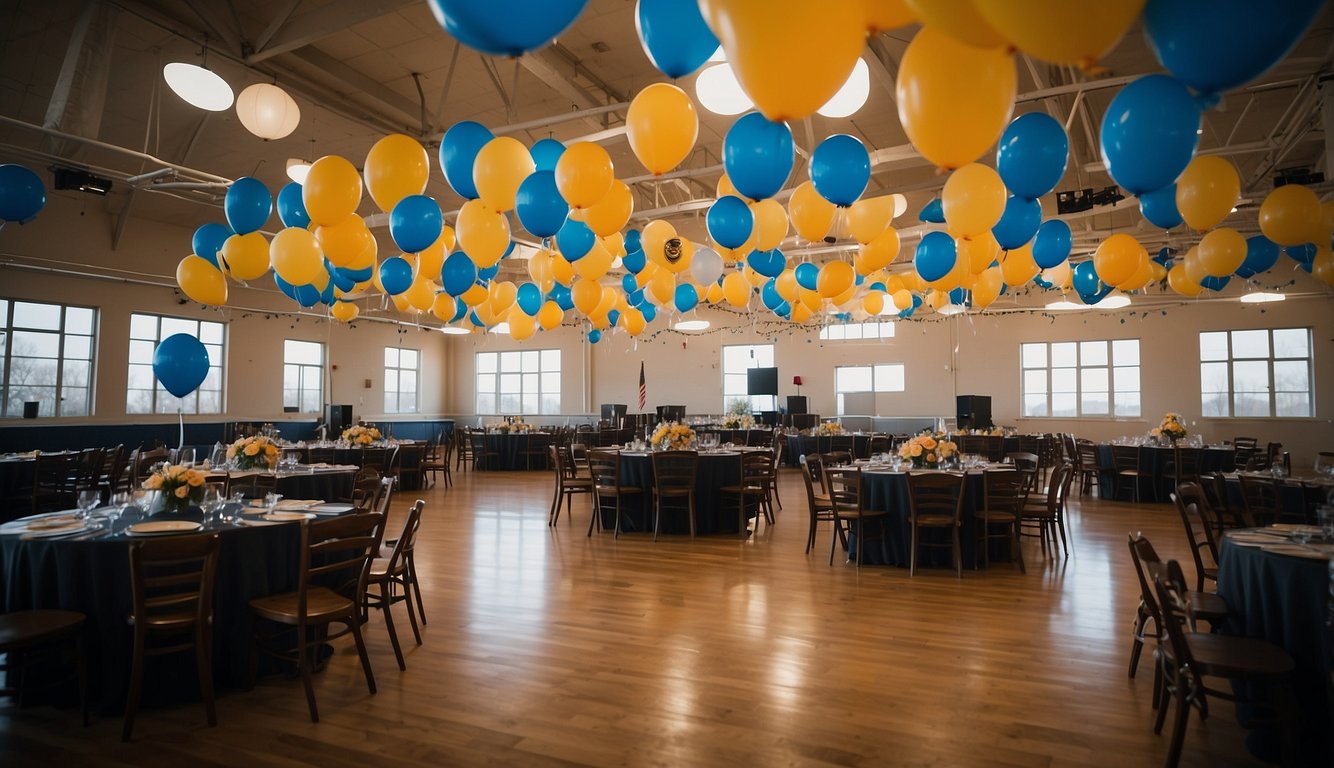Students decorating gym with balloons, streamers, and lights for prom. Tables set with centerpieces and place settings. DJ setting up equipment What Year is Prom