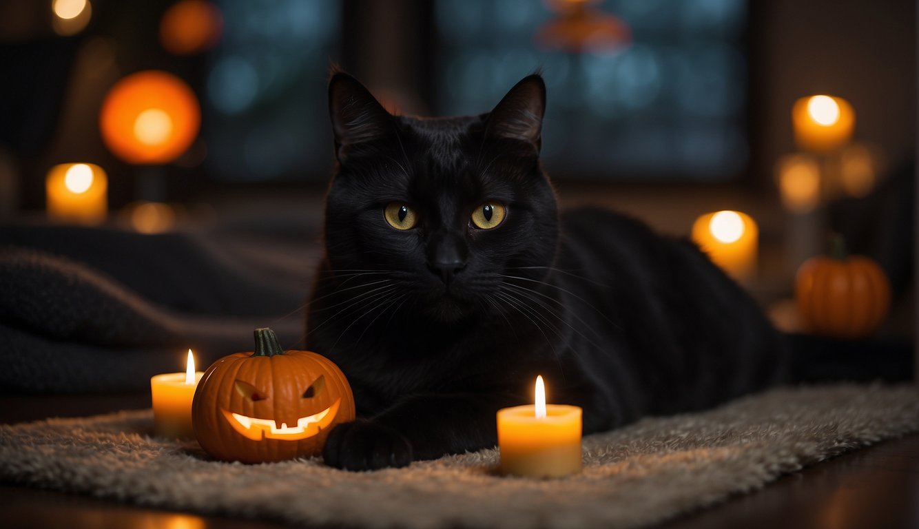 A cozy living room adorned with Halloween cards, glowing jack-o-lanterns, and flickering candles. A black cat lounges on a plush rug, while a full moon shines through the window