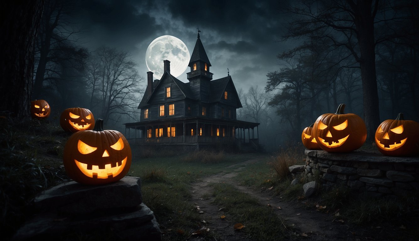 A spooky haunted house with a full moon, bats, and jack-o-lanterns, surrounded by a dark and misty forest