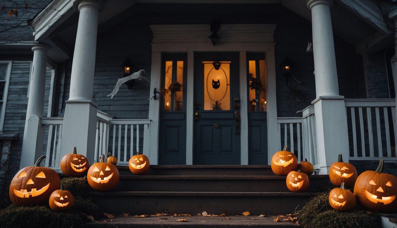 A spooky haunted house with bats flying, a full moon, and jack-o-lanterns glowing on the front porch