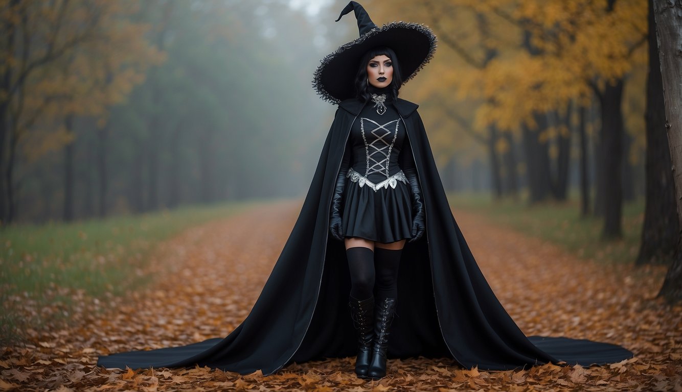 A black costume adorned with silver accessories, including a witch hat, cape, and boots, set against a spooky backdrop