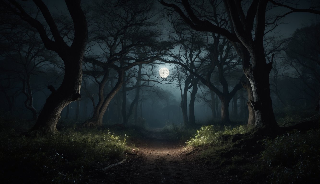 A dark, eerie forest at night with twisted, gnarled trees and a full moon casting an ominous glow. Shadows loom and the air is filled with a sense of mystery and foreboding