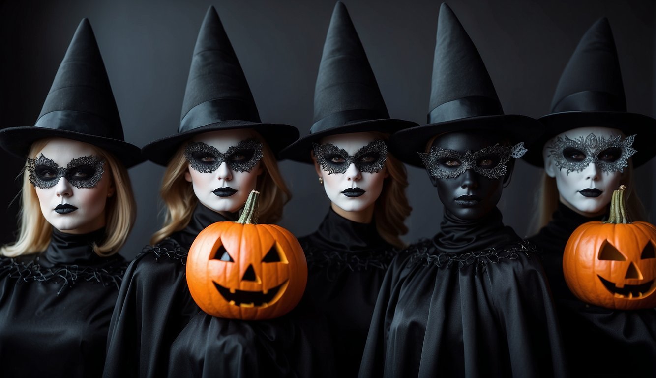 A group of iconic black Halloween costumes displayed on mannequins in a dimly lit room. Items include a witch hat, vampire cape, and cat ears