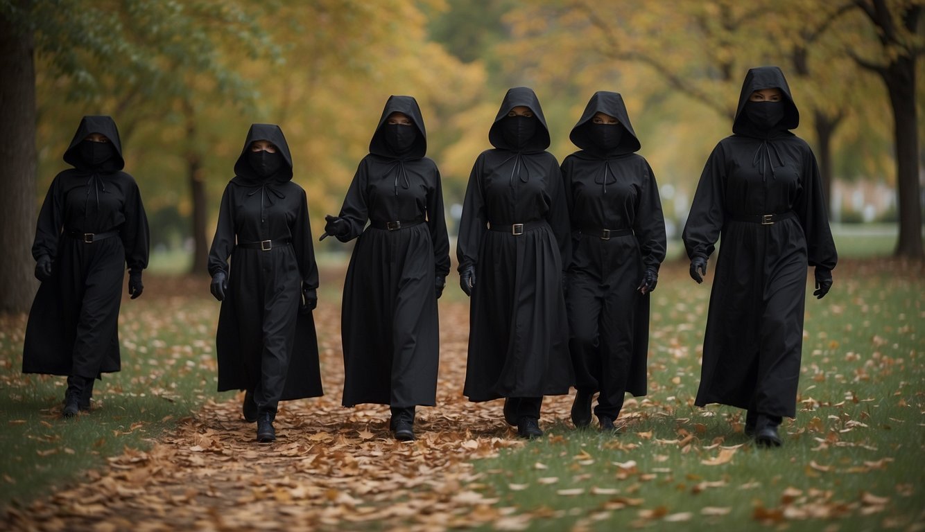 A group of black Halloween costumes arranged in a dramatic fashion, emphasizing the significance of the color black in the holiday's attire