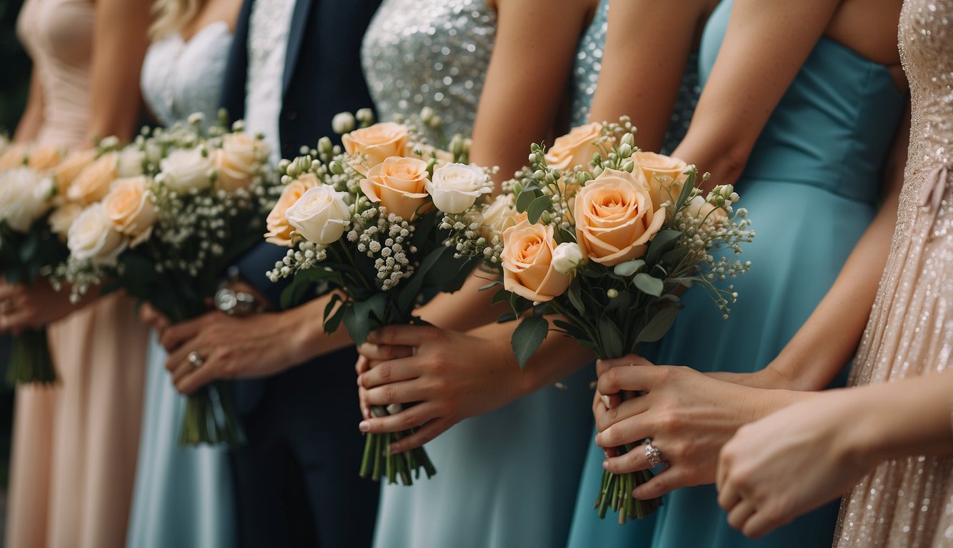 A group of elegantly dressed prom-goers holding coordinated bouquets of flowers