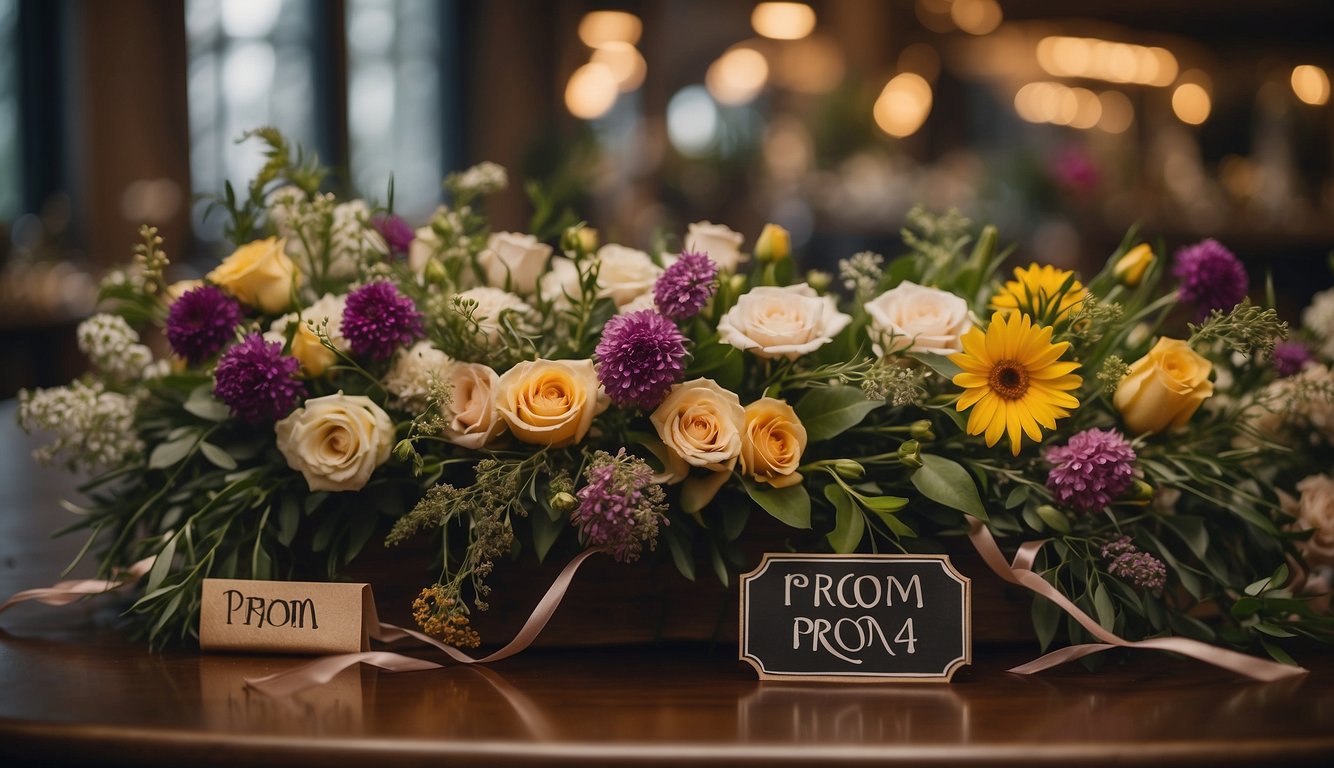 A table adorned with a variety of colorful flowers, ribbons, and greenery. A sign reads "Prom Flowers" with price tags displayed