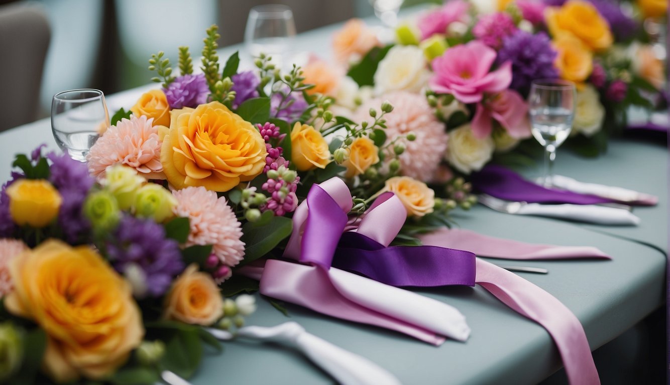 A table adorned with colorful corsages and boutonnieres, delicate ribbons and fragrant flowers arranged in elegant designs