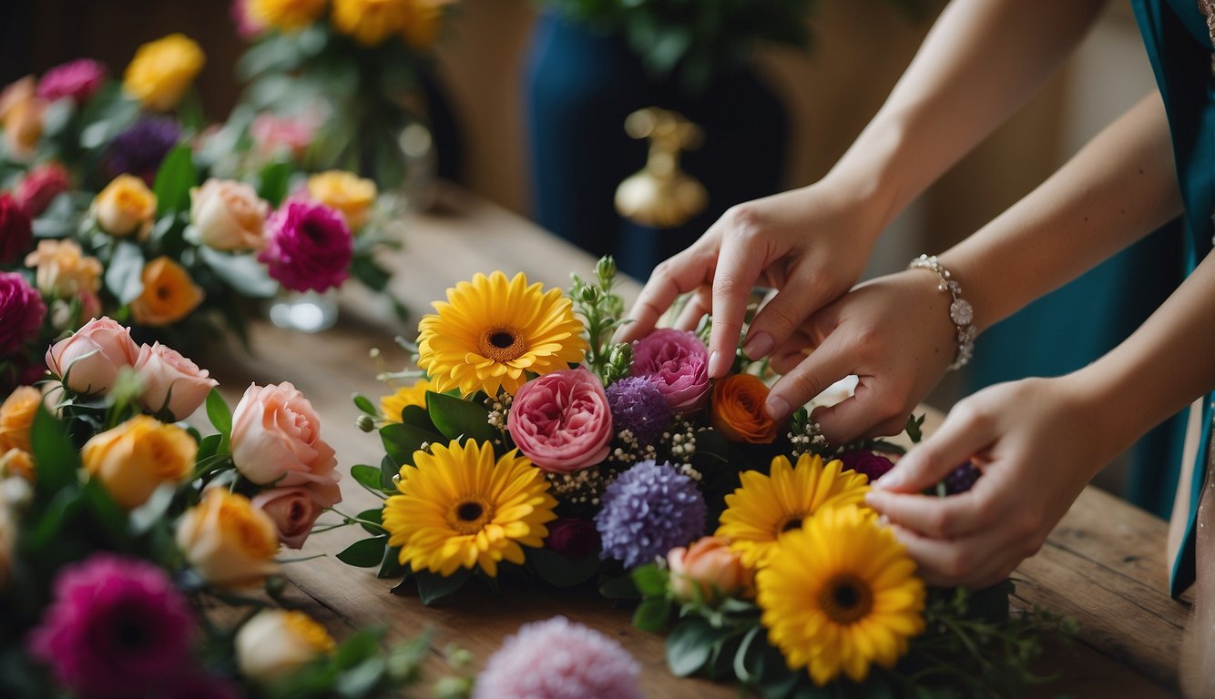 A florist arranging a variety of colorful flowers into a corsage and boutonniere for a prom