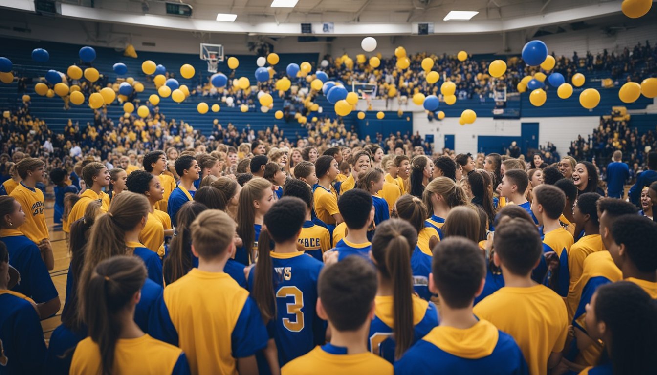 Students gather in the school gym for a pep rally, with colorful banners and cheering crowds. The band plays, cheerleaders perform, and athletes are celebrated