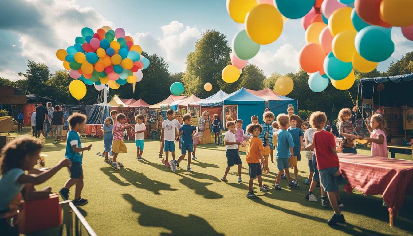 Children playing games at a school carnival, with colorful booths, balloons, and a festive atmosphere