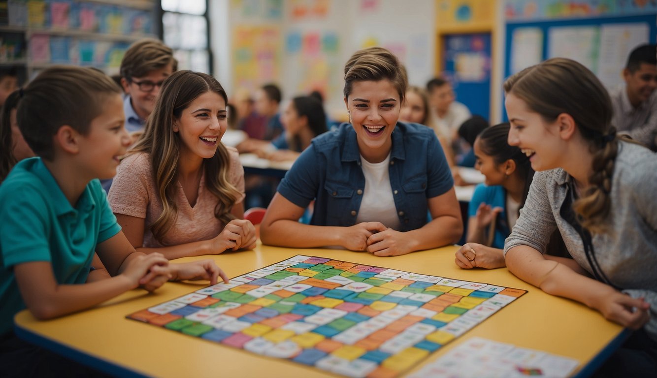 Students eagerly play vocabulary games in a lively classroom, surrounded by colorful word cards and game boards. Laughter and excitement fill the air as they engage in educational competition_Vocabulary Activities for School