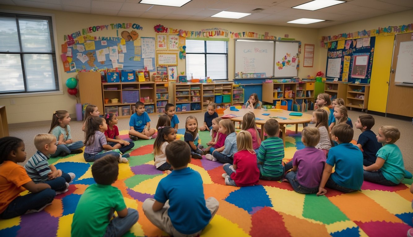 Children eagerly participate in ice breakers, story time, and art projects on their first day of first grade. The classroom is filled with colorful decorations and bright educational materials First Grade First Day of School Activities