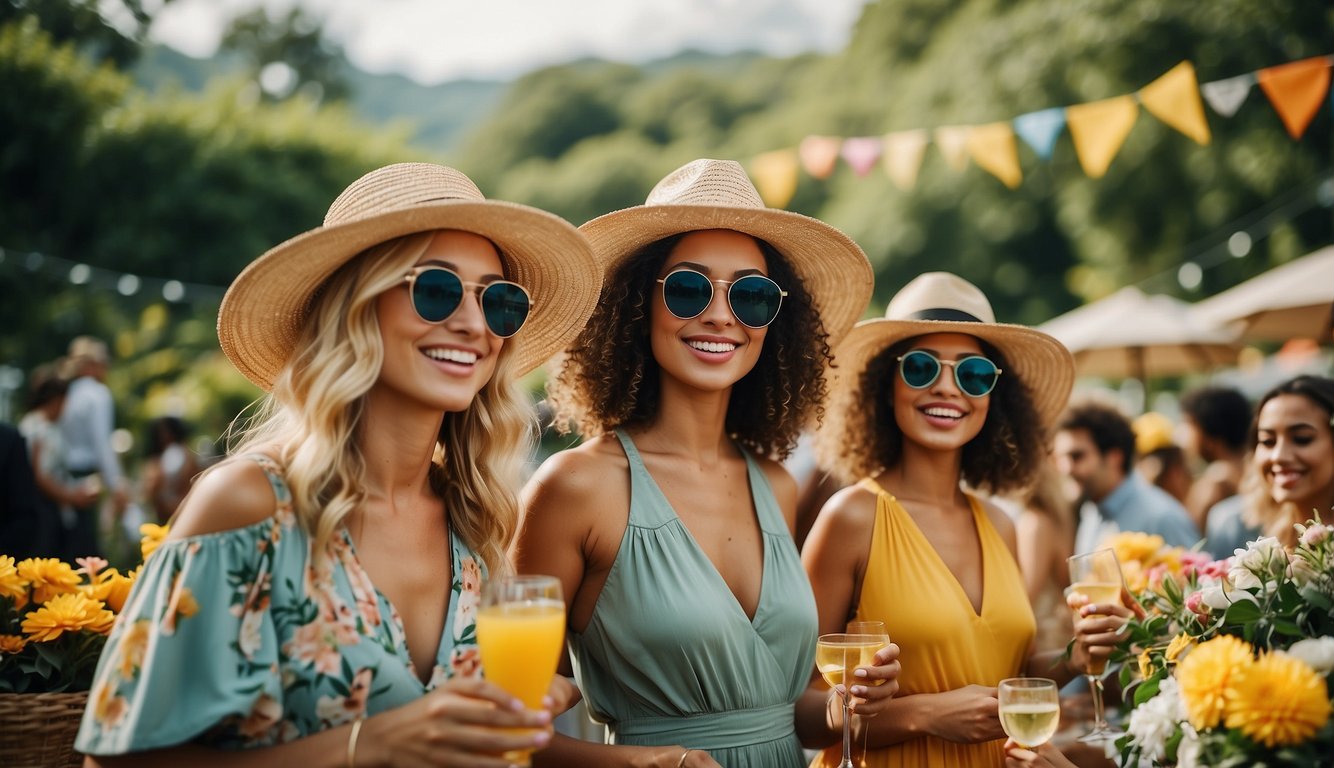 A colorful outdoor party with people wearing trendy summer outfits, featuring flowy dresses, stylish sunglasses, and straw hats, set against a backdrop of lush greenery and vibrant flowers