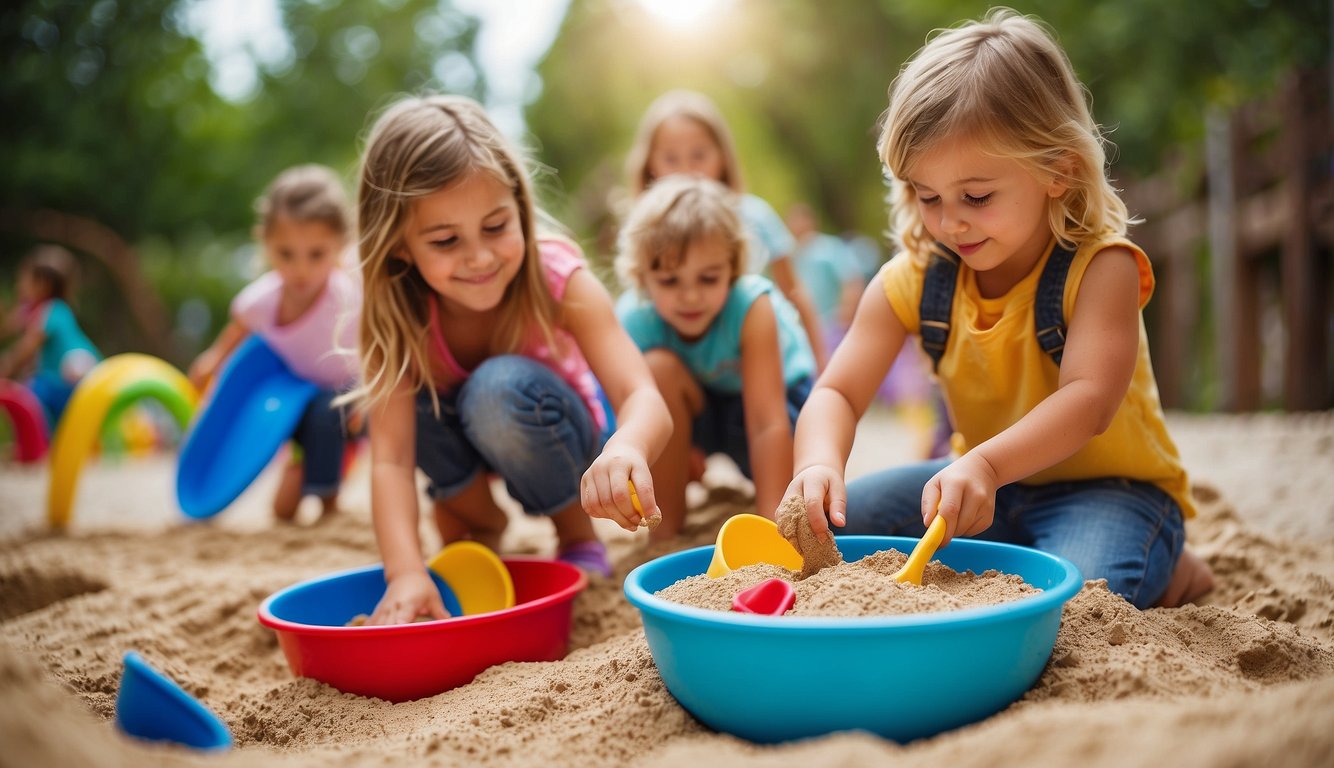 Children explore a sensory play area with sand, water, and various textures. They engage in activities like pouring, scooping, and feeling different materials. Bright colors and natural elements create an inviting outdoor space Summer Activities for Nursery Kids