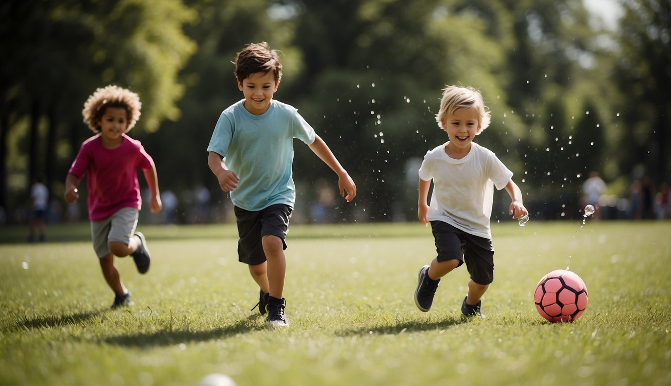 Children playing soccer, jumping rope, and having a water balloon fight at a sunny park Summer Activities for Nursery Kids