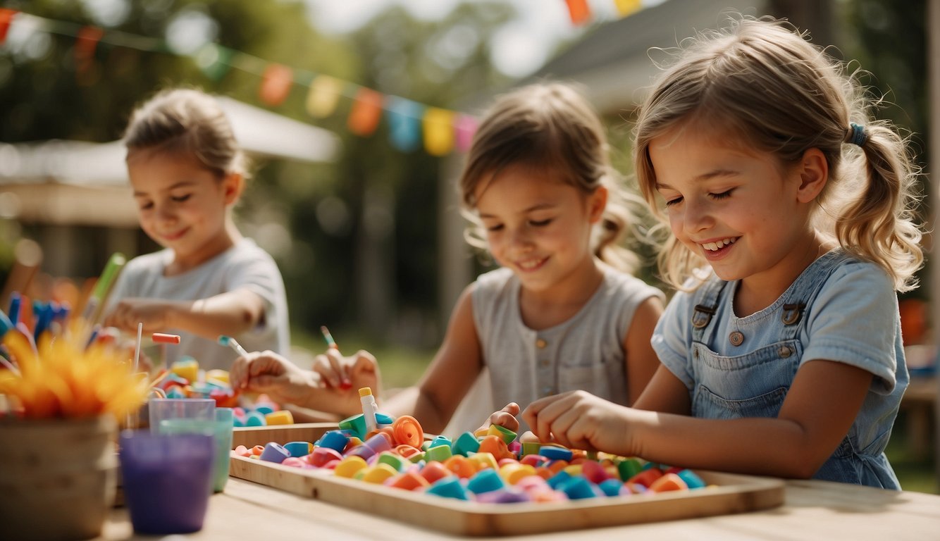 Children happily creating colorful crafts under the sun at a nursery. Tables filled with art supplies and smiling faces Summer Activities for Nursery Kids