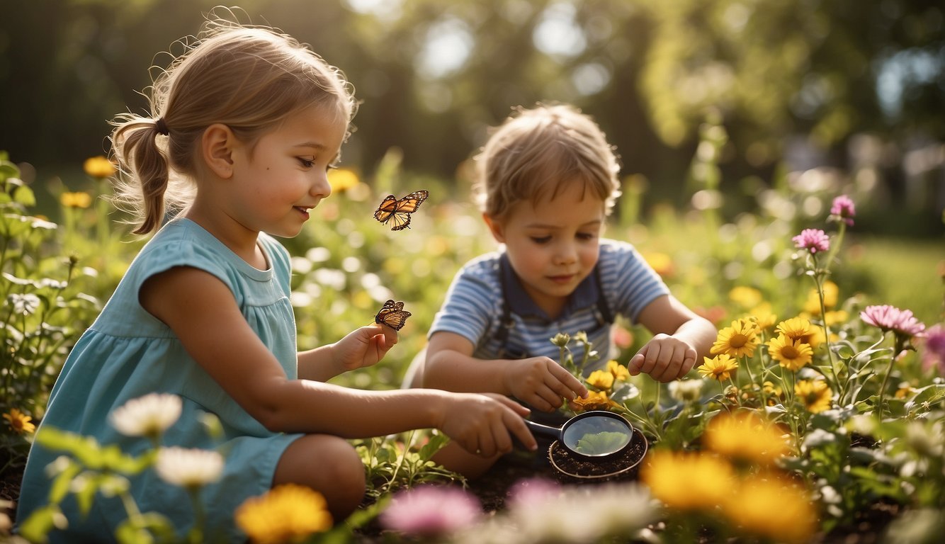 Children exploring a garden, observing insects and plants. A magnifying glass and butterfly net are nearby. The sun is shining, and colorful flowers are in bloom