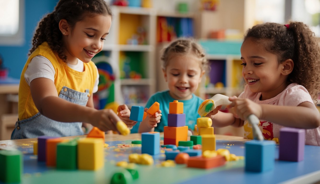 Preschoolers engage in various crafts and creative play activities, including painting, building with blocks, and molding with playdough, in a bright and colorful  classroom setting Summer Activities for Preschoolers