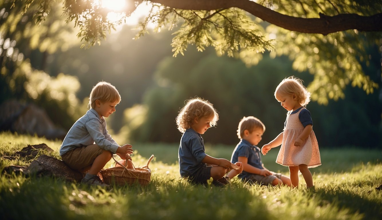 Children playing in a calm, natural setting. Soft sunlight filters through trees as they engage in sensory activities like exploring nature, feeling different textures, and listening to the sounds of the outdoors Summer Activities for Preschoolers