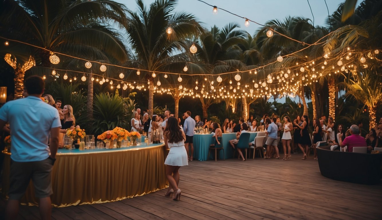 A vibrant outdoor setting with colorful decorations, string lights, and a DJ booth. Tables with tropical-themed centerpieces and a dance floor with people in stylish summer party outfits