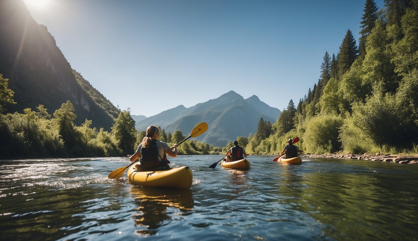 A group of friends paddle down a winding river, surrounded by lush green trees and a clear blue sky. A mountain looms in the distance, promising an exciting hiking adventure Fun Summer Activities