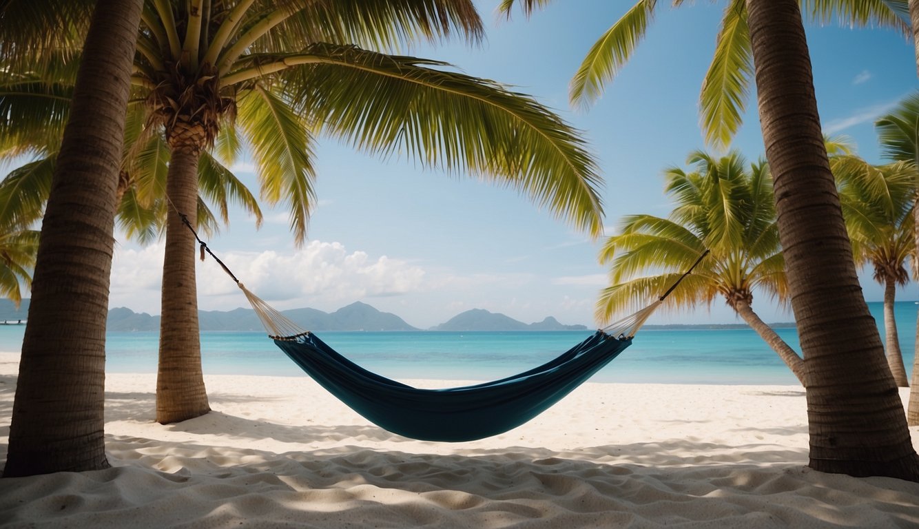 A serene beach with clear blue water, a hammock strung between two palm trees, and a yoga mat laid out on the sand Fun Summer Activities