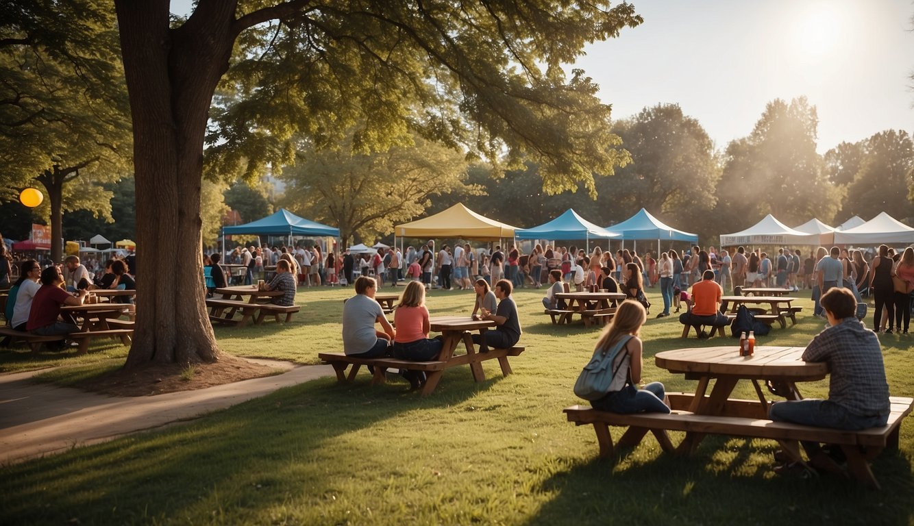A bustling park with families picnicking, children playing games, and friends chatting at outdoor tables. Banners and colorful decorations adorn the area, and a stage is set up for live entertainment Fun Summer Activities