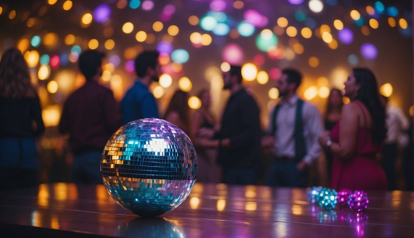 Colorful decorations, disco ball, and music fill the room. Students mingle, laughing and dancing. Tables are adorned with themed centerpieces and snacks College Party Ideas