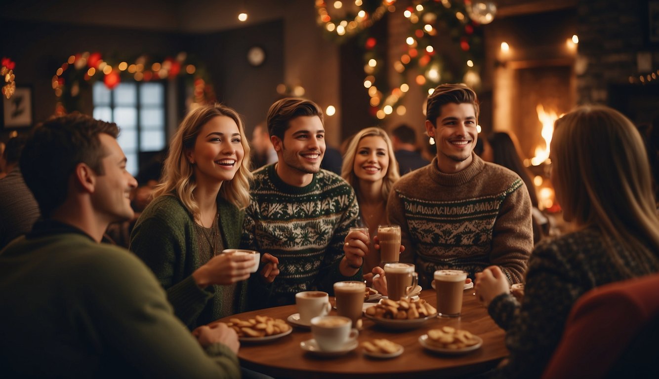 A festive college party with seasonal decorations, holiday-themed games, and a cozy fireplace. Guests wearing ugly sweaters, sipping hot cocoa, and enjoying the warm, twinkling ambiance College Party Ideas