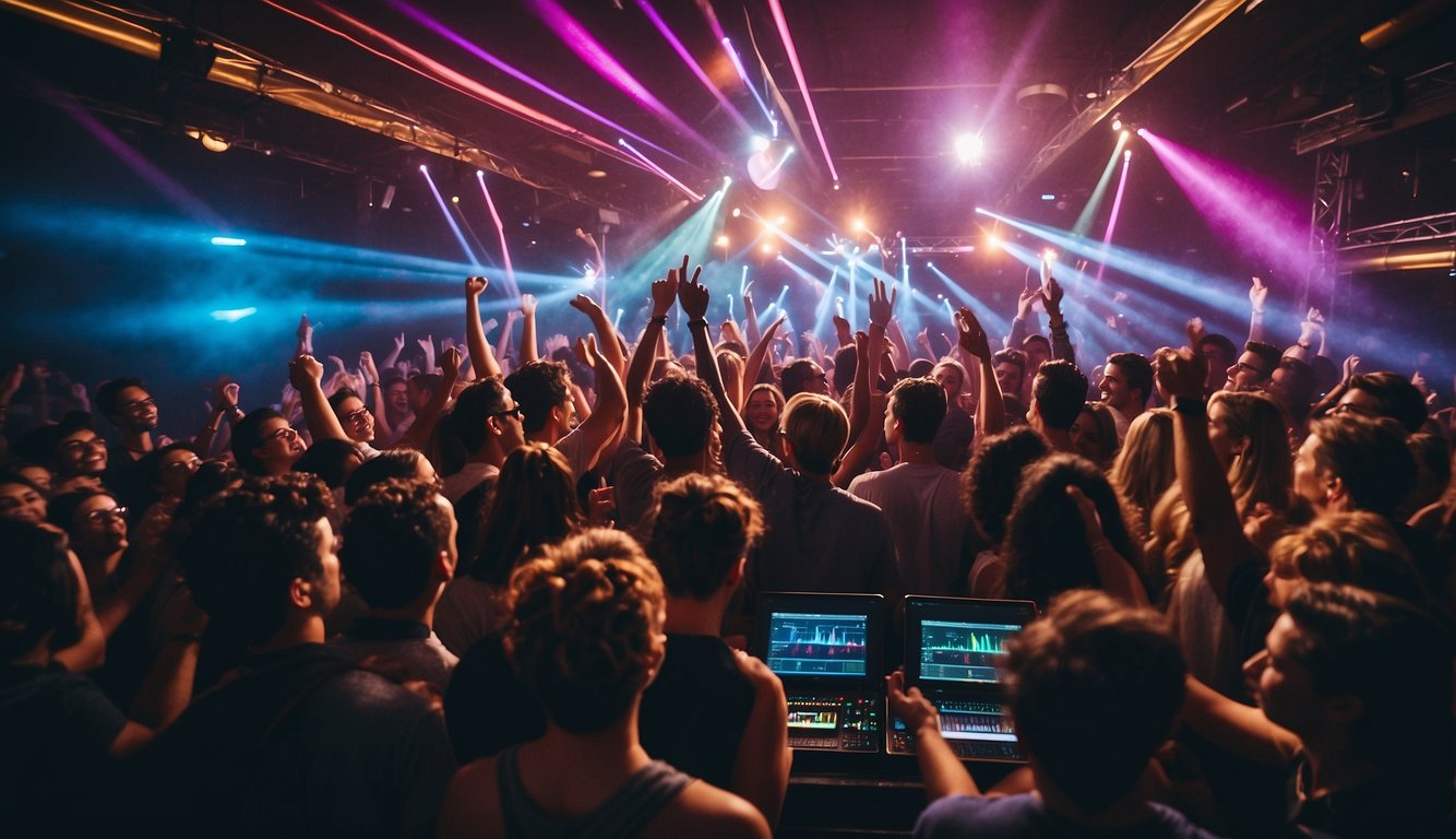 A lively college party with colorful lights, a DJ booth, and a crowded dance floor filled with energetic dancers College Party Ideas