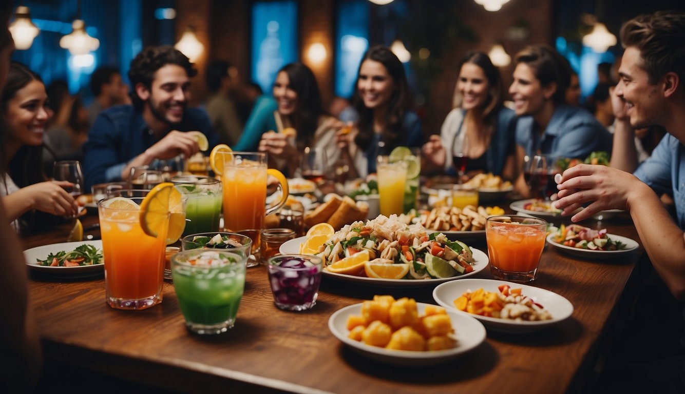 A table overflowing with colorful cocktails and a variety of appetizers, surrounded by groups of lively college students chatting and laughing College Party Ideas
