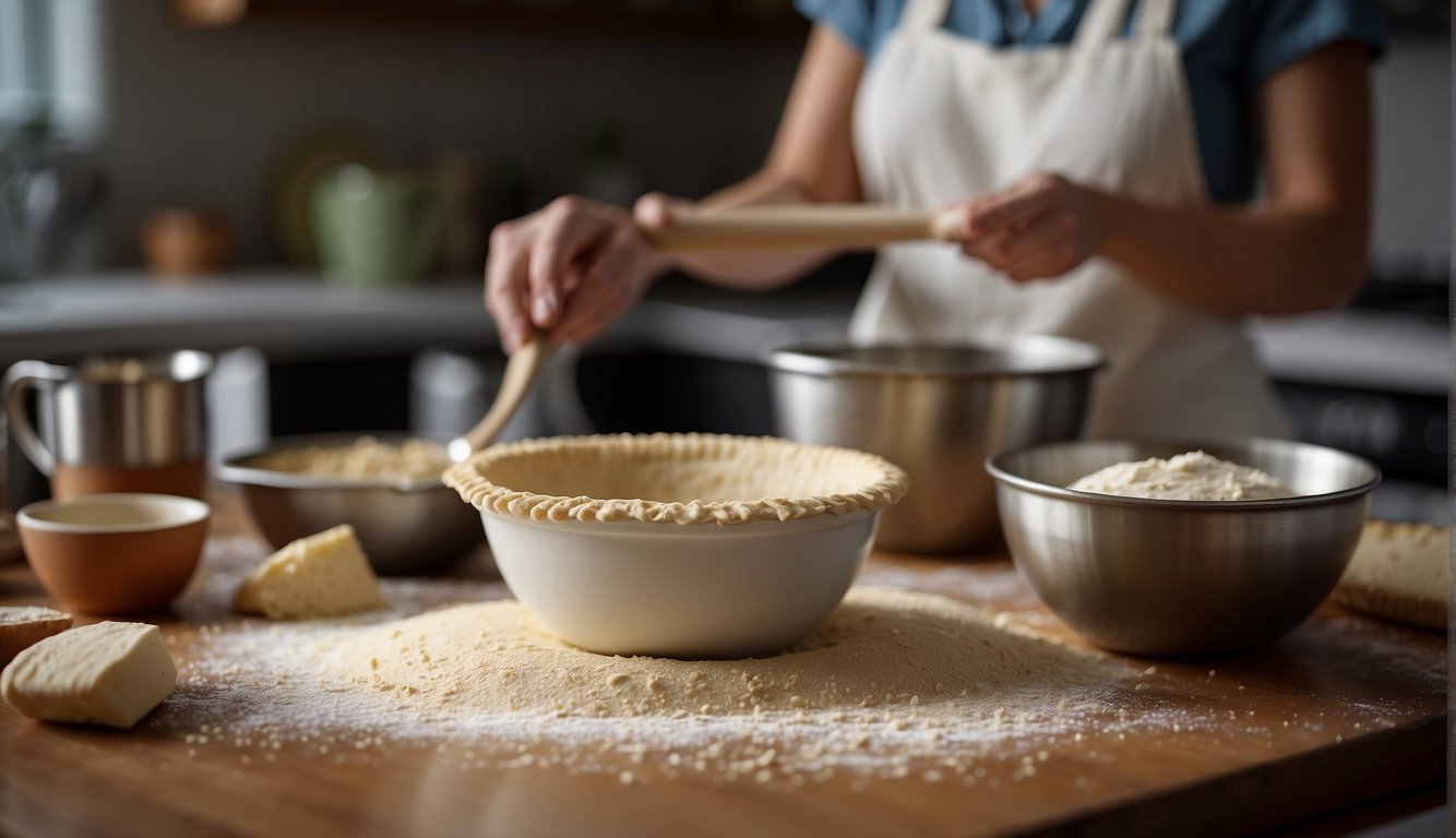 A kitchen scene with mixing bowls, measuring cups, and a rolling pin. A pie crust being rolled out on a floured surface, with a pie pan and filling ingredients nearby Pi Day Activities for Middle School