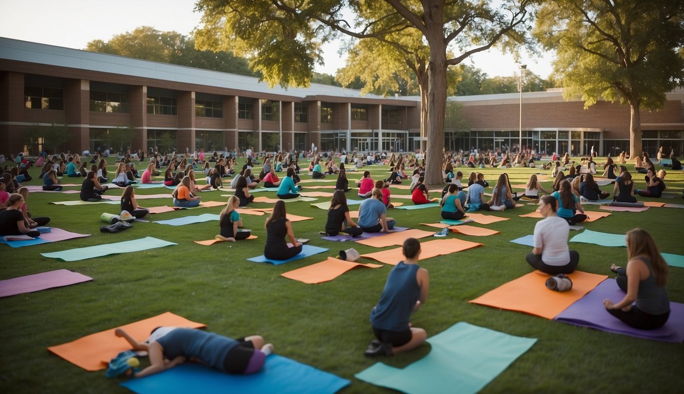 A vibrant college campus with students engaging in healthy activities, such as yoga, cooking classes, and fitness challenges. Tables are set up with informational pamphlets and healthy snacks college event ideas