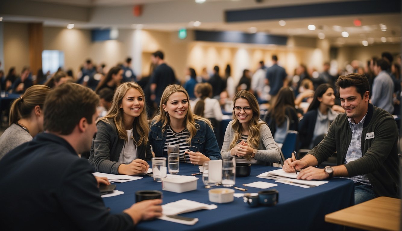 A bustling college event with students engaging in workshops, networking, and career planning activities. Displays of academic resources and professional development opportunities are showcased throughout the venue college event ideas