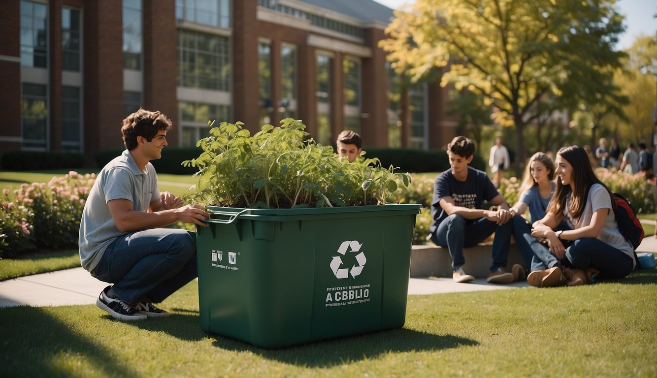 A college campus with students participating in recycling drives, planting trees, and attending sustainability workshops college event ideas