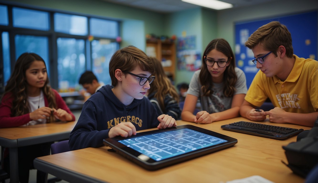 Middle schoolers engage in interactive math activities using technology, solving equations and graphing functions in a vibrant classroom setting Fun Math Activities for Middle School