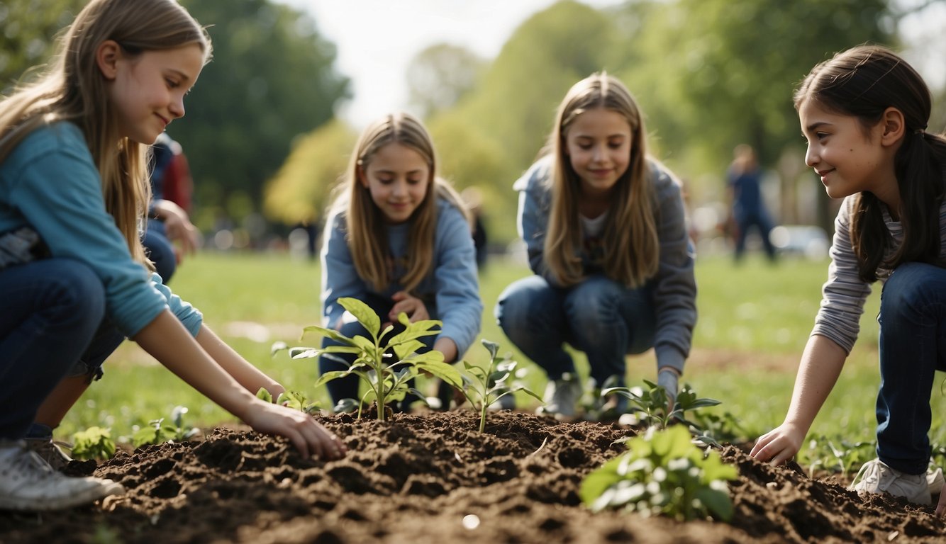 Middle schoolers planting trees, picking up trash, and creating eco-friendly art for Earth Day community service Earth Day Activities for Middle School