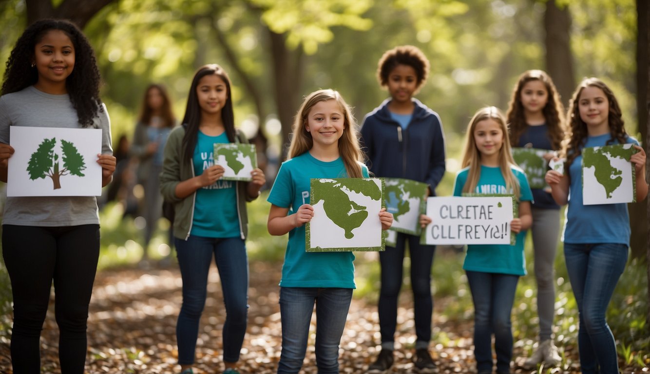 Middle schoolers plant trees, clean up litter, and create awareness posters for Earth Day. They gather in a park, surrounded by nature and holding up their handmade signs Earth Day Activities for Middle School