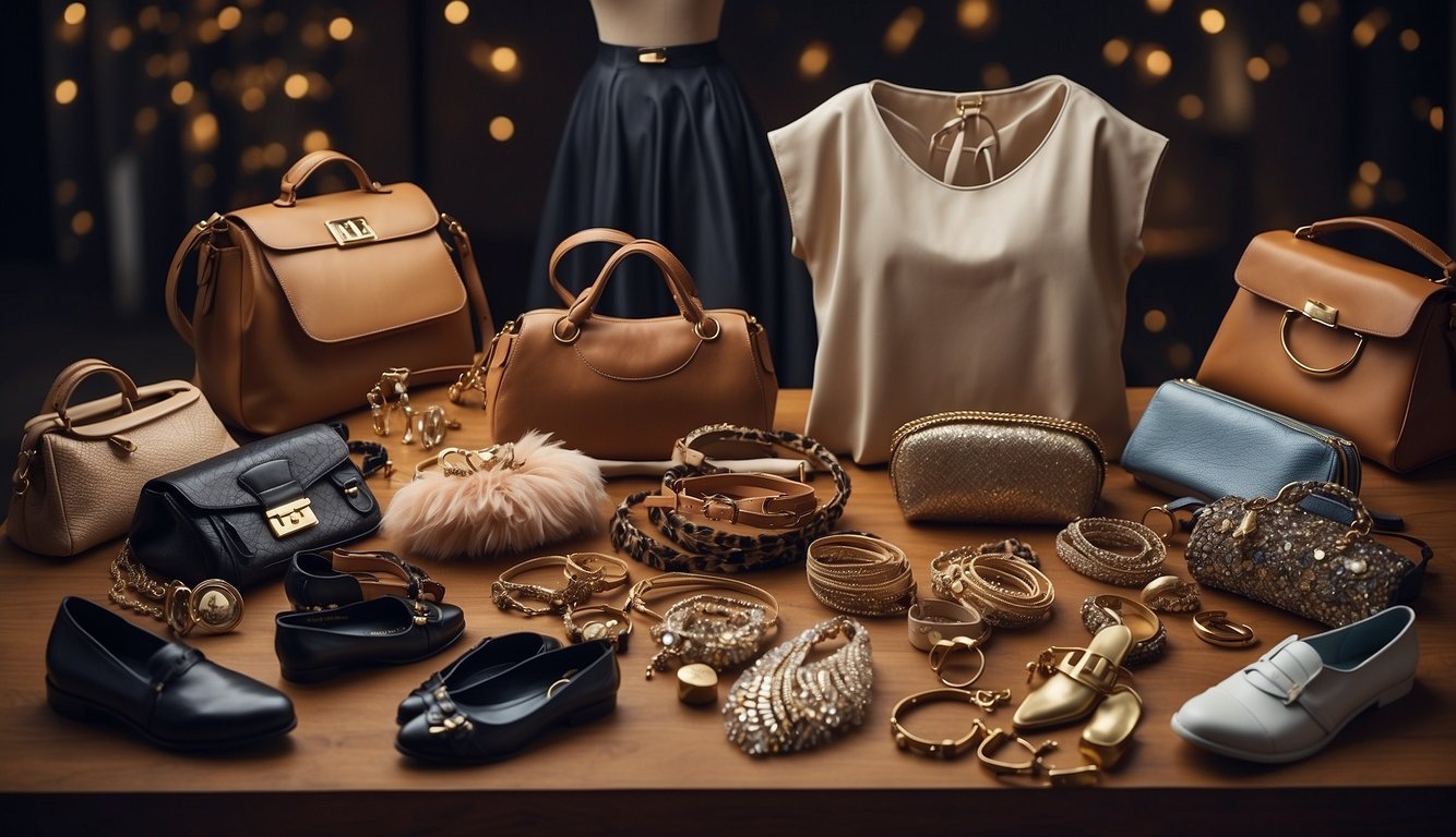 A table with a variety of clothing items and accessories laid out, including dresses, shoes, jewelry, and handbags, ready to be mixed and matched for the perfect night out outfit Night Out Outfit