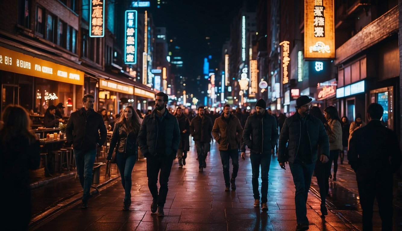 A bustling city street at night, with neon signs and bright lights illuminating the way. People in stylish outfits walk by, heading to restaurants, bars, and clubs Night Out Outfit